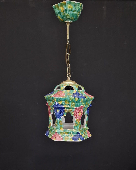 Very Pretty Vintage French Hand Painted Ceramic Flower Lantern Hanging Light