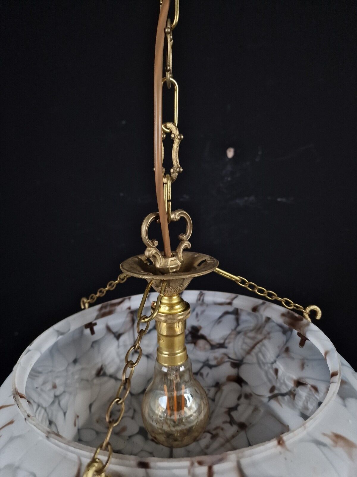 Beautiful Vintage French Art Deco Glass Brass Flycatcher Pendant Light