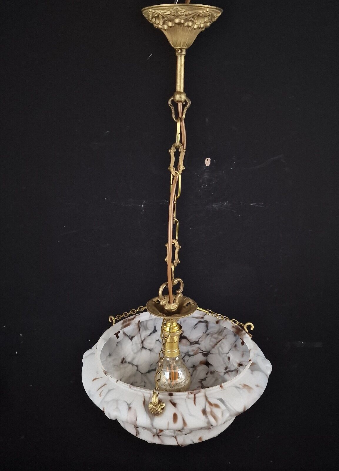 Beautiful Vintage French Art Deco Glass Brass Flycatcher Pendant Light