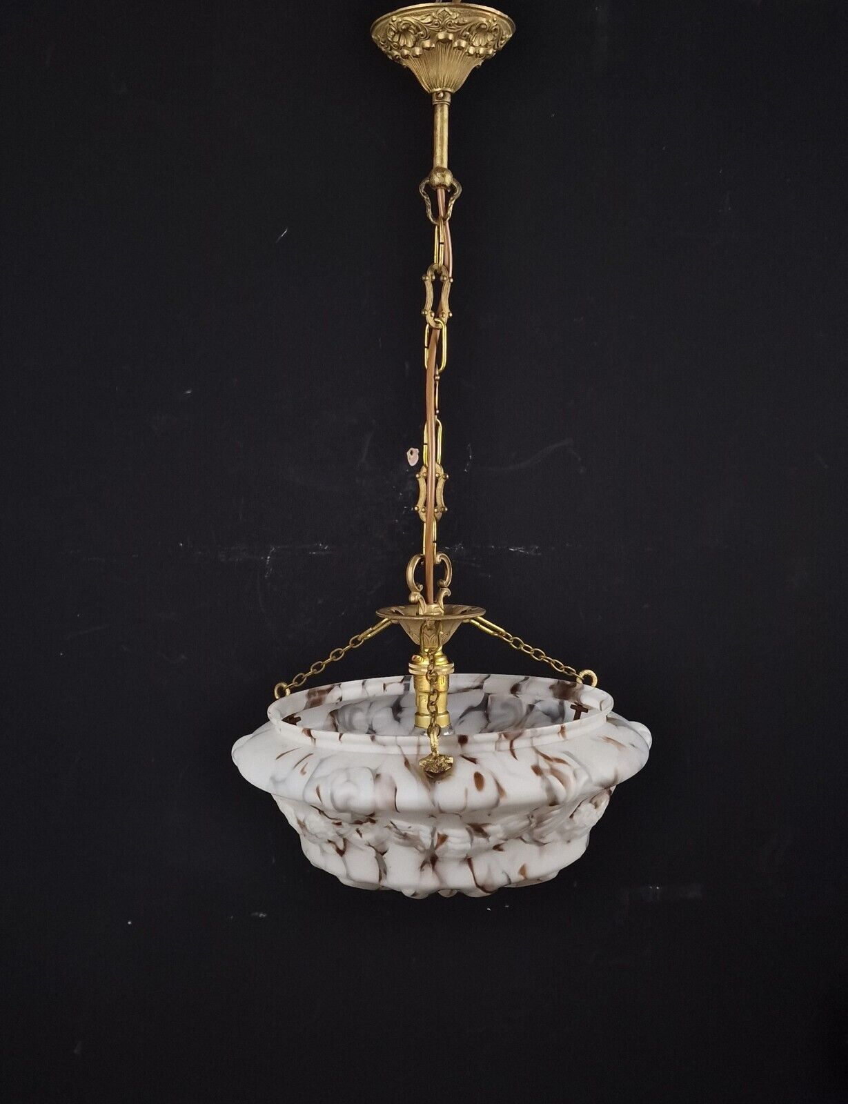 Beautiful Vintage French Art Deco Glass Brass Flycatcher Pendant Light