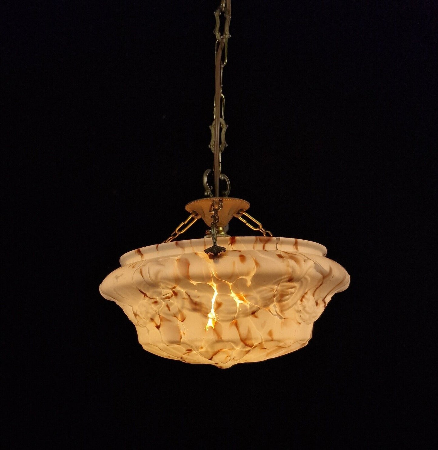 Beautiful Vintage French Art Deco Glass Brass Flycatcher Pendant Light