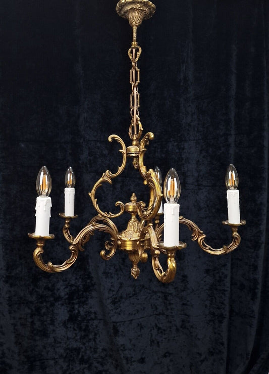 Gorgeous Antique French Heavy Bronze 5 Arm Rococo Style Caged Chandelier Light