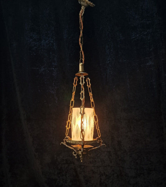 Unusual Vintage Italian 1 Light Brass Pendant Hanging Lantern with Glass Shade