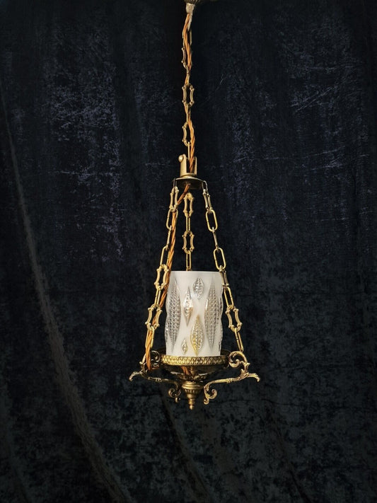 Unusual Vintage Italian 1 Light Brass Pendant Hanging Lantern with Glass Shade