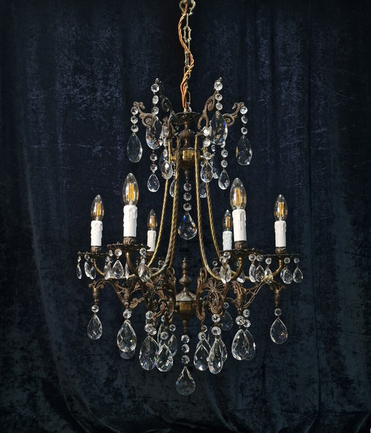 Stunning Large Antique Italian 6 Arm Caged Brass Crystal Chandelier Light