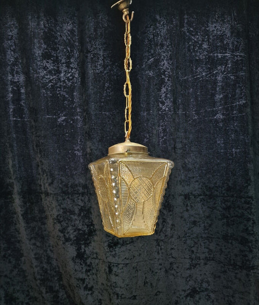 Decorative Large Vintage French Art Deco Amber Glass Shade Pendant Lantern Light