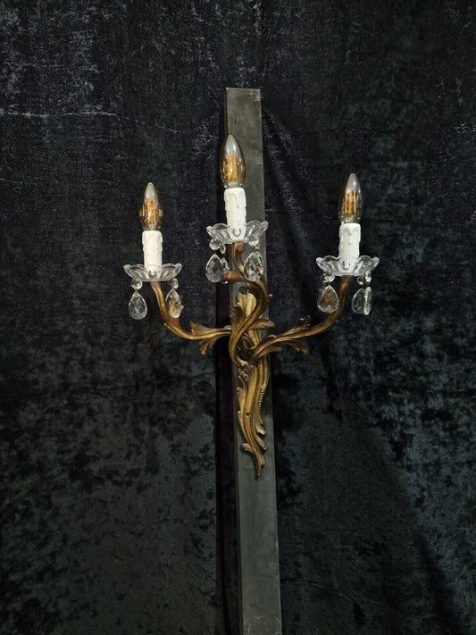 Stunning Large Antique French Singular 3 Arm Crystal Brass Wall Light Sconce