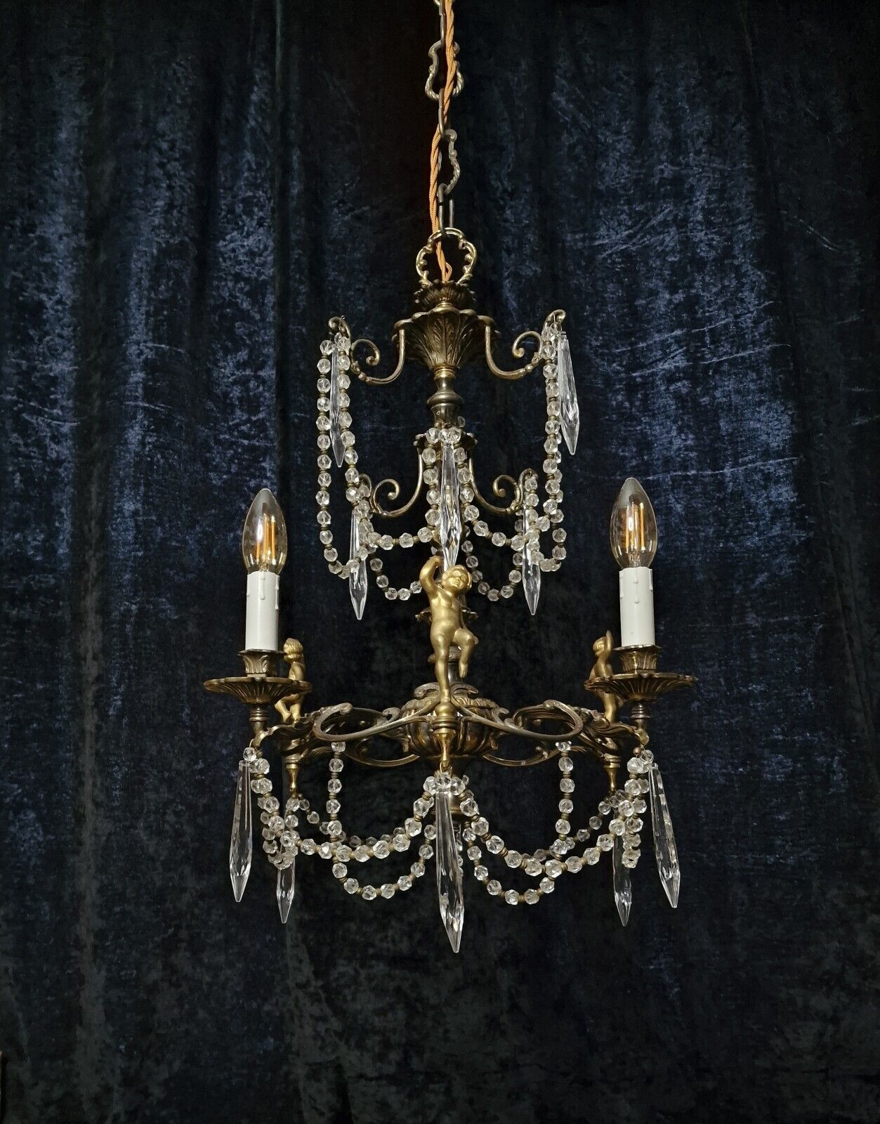Gorgeous Antique Italian 3 Arm Crystal Cherub Heavy Chandelier Ceiling Light