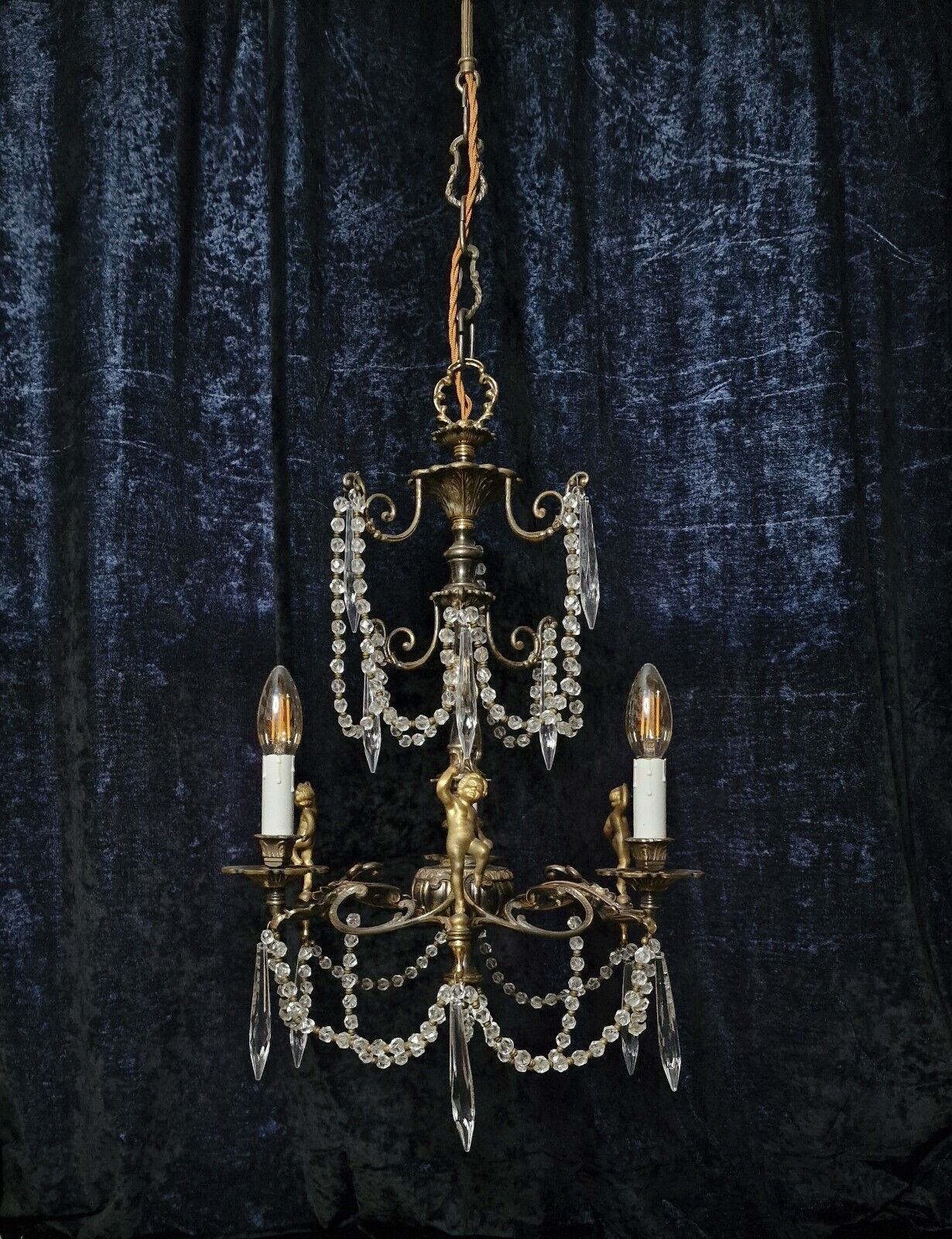 Gorgeous Antique Italian 3 Arm Crystal Cherub Heavy Chandelier Ceiling Light