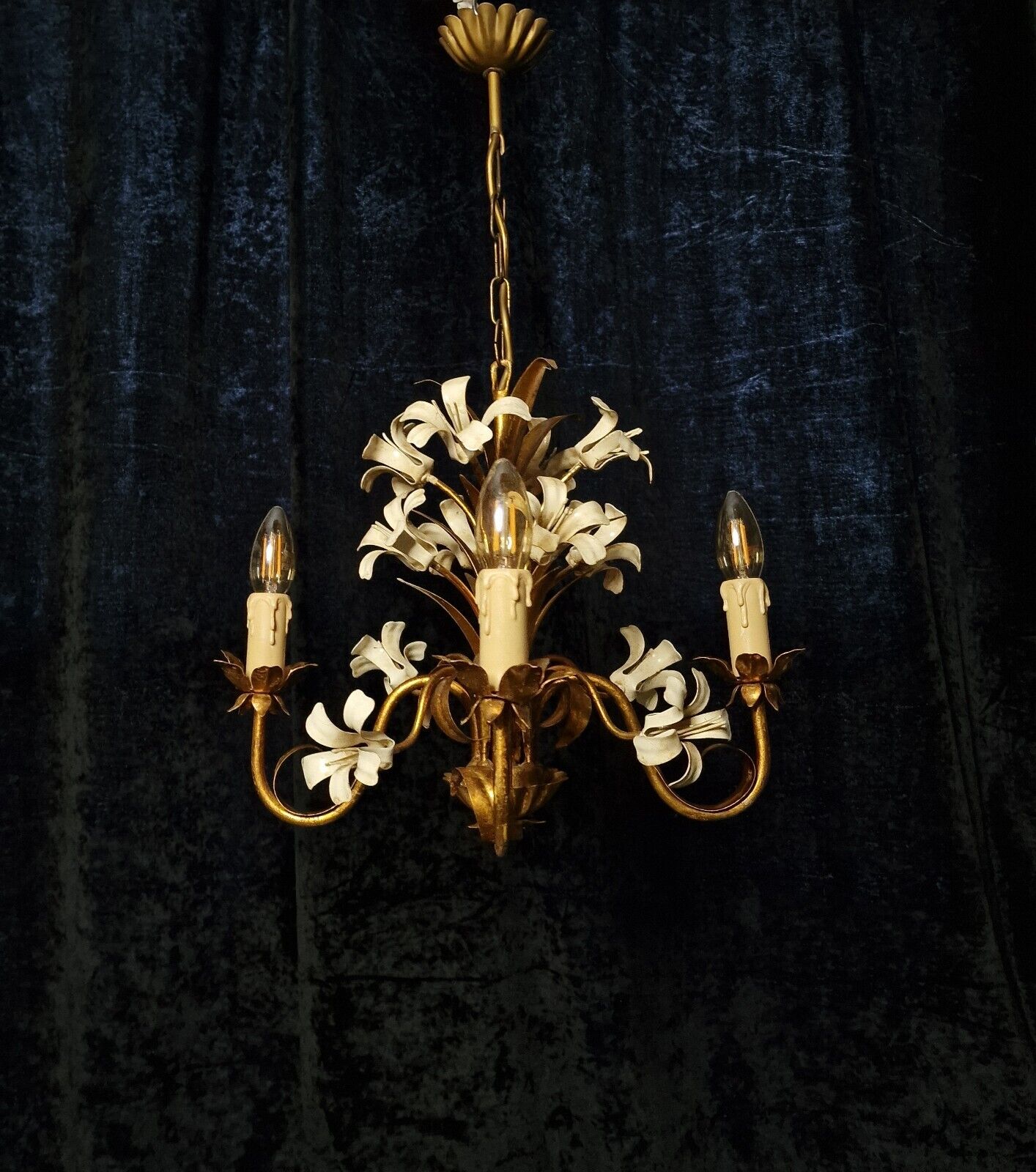 Lovely Mid Century Vintage French 4 Arm Gilded Toleware Lilly Chandelier Light