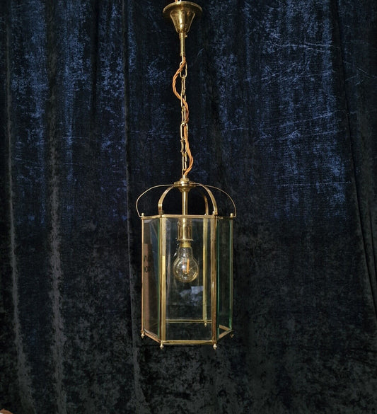 Traditional Vintage French 6 Panel Bevelled Glass and Brass Lantern Light