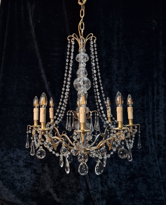 Gorgeous Large Heavy 8 Arm Brass Vintage Italian Crystal Draped Chandelier Light