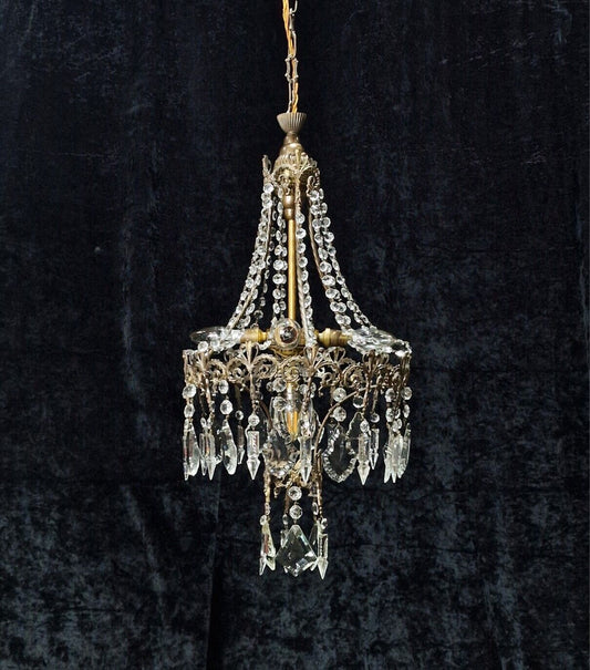 Delicate Antique French Brass 5 Light Crystal Montgolfiere Chandelier Light
