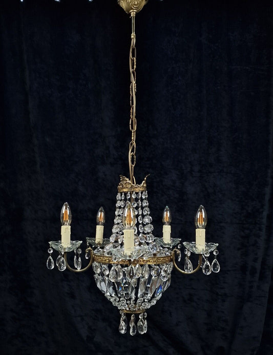 Stunning Antique French 5 Arm Brass Crystal Montgolfiere Bag & Tent Chandelier