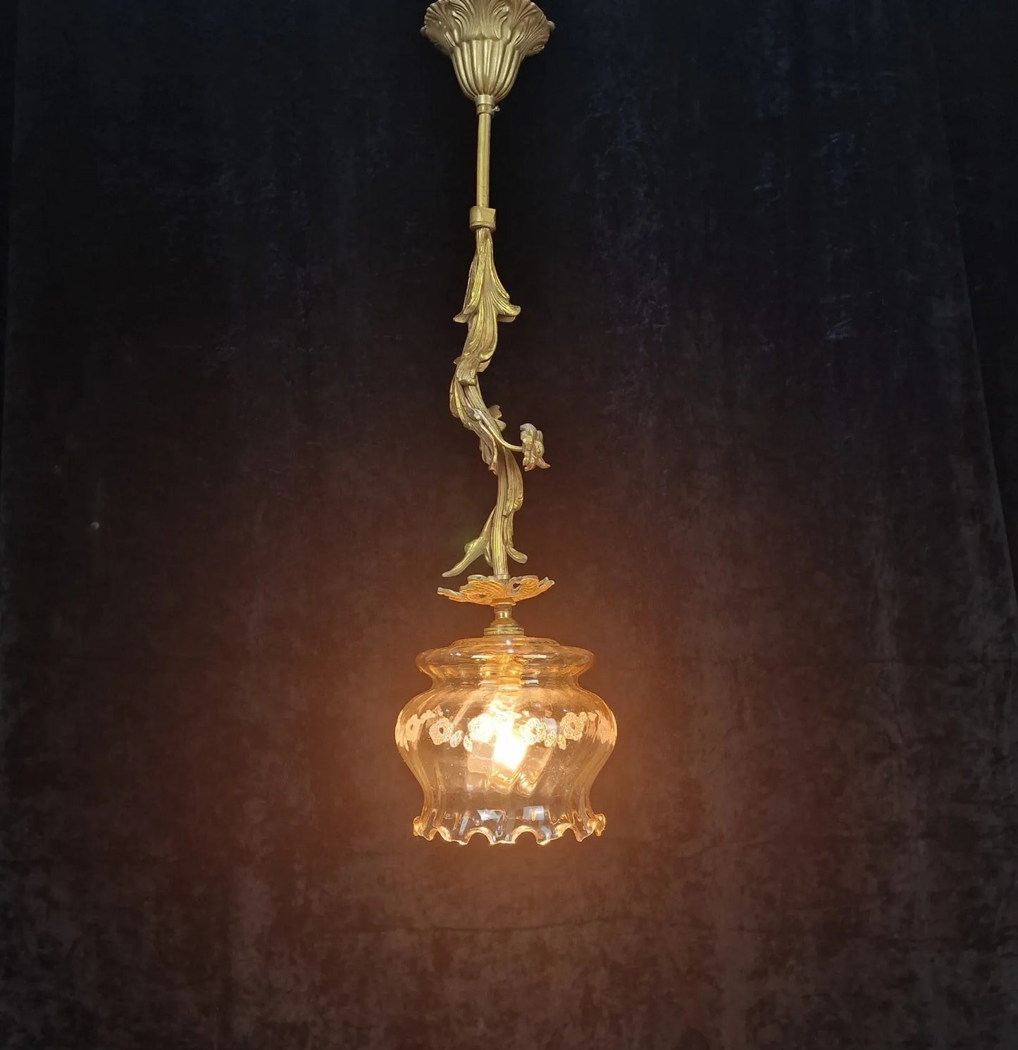 Lovely Vintage French 1 Light Brass Flower Foliage Stem Light Pendant