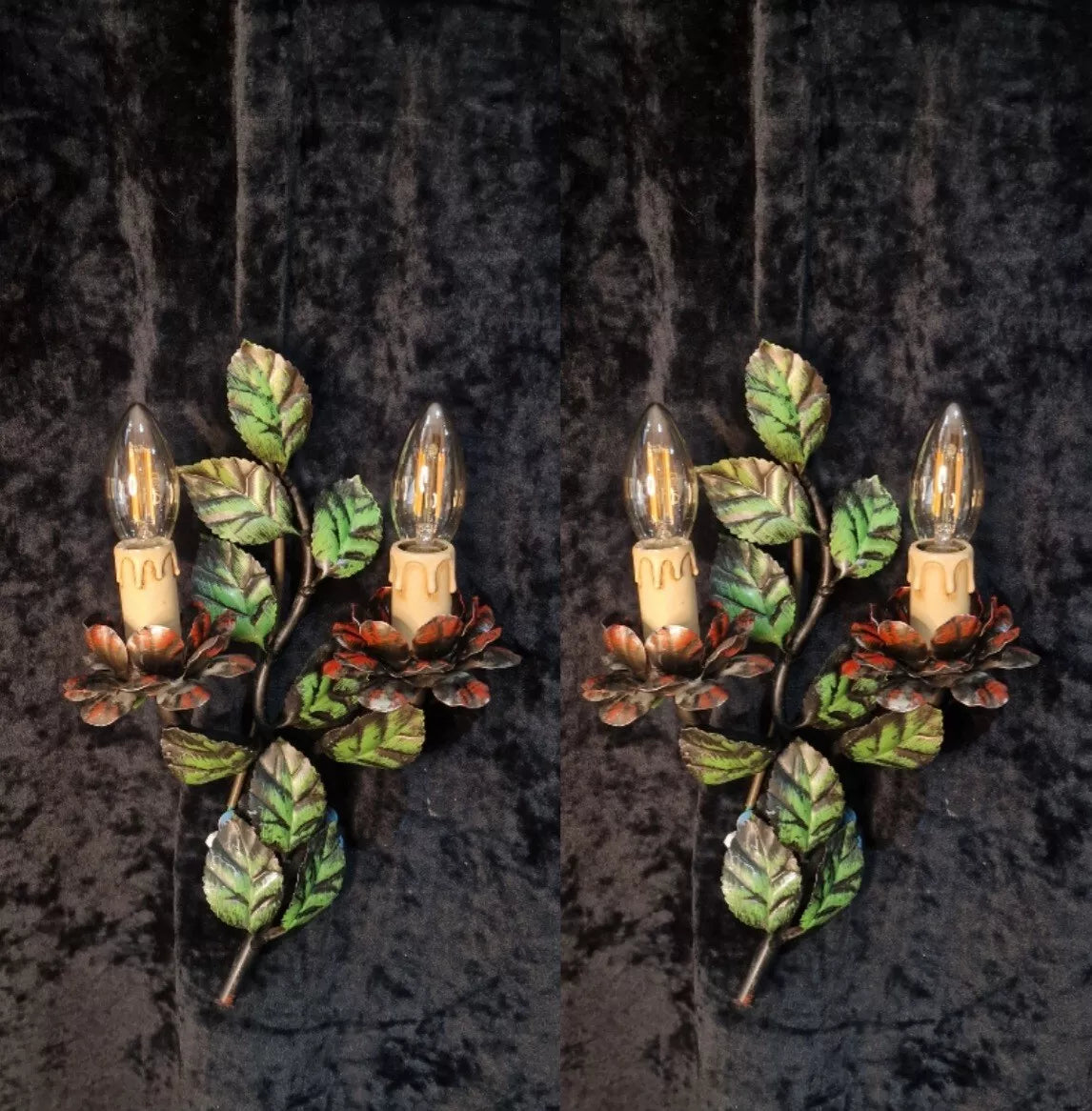 Gorgeous Pair of Vintage Italian 2 Arm Toleware Floral Wall Lights Sconces