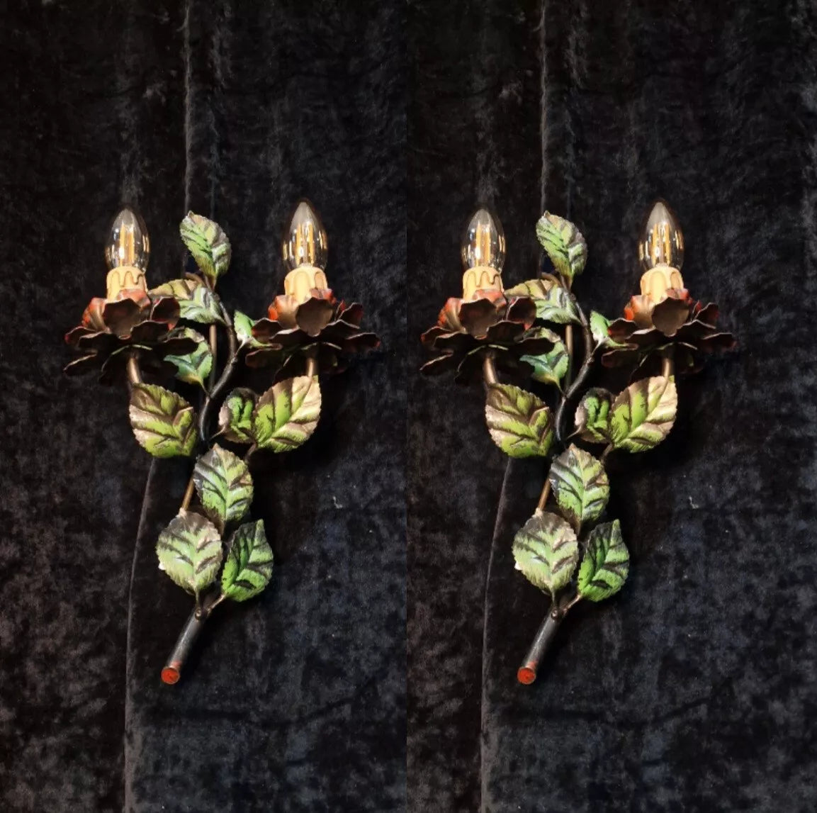 Gorgeous Pair of Vintage Italian 2 Arm Toleware Floral Wall Lights Sconces