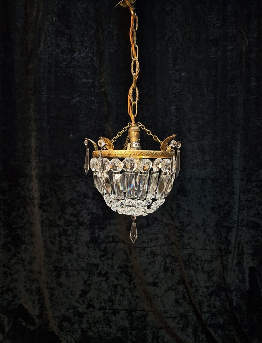 Gorgeous Antique French Crystal Bag Brass Leaf Chandelier Pendant Light