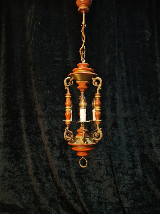 Unusual Vintage Italian Wood & Brass 3 Light Caged Chandelier Ceiling Light