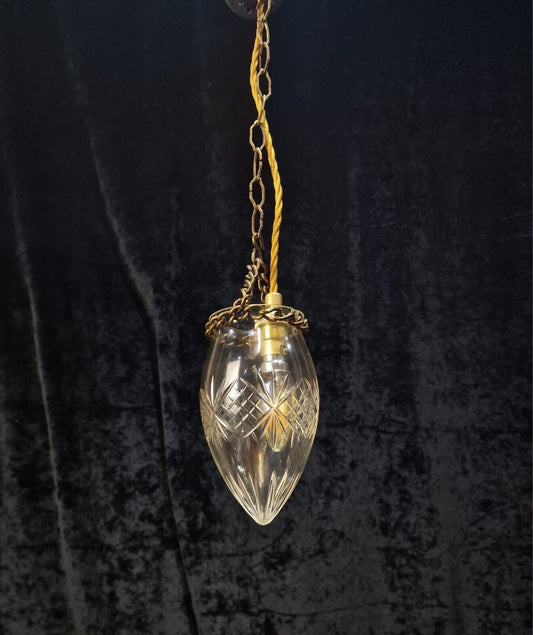 Petite Antique Cut Glass Clear Acorn Hanging Lantern Pendant Light
