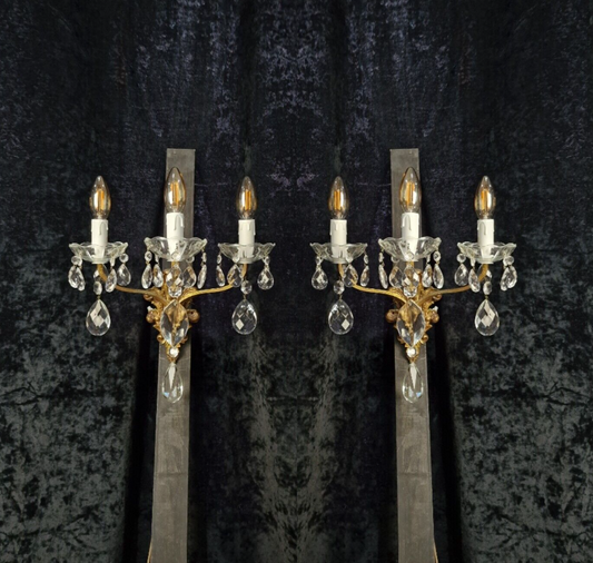 Gorgeous Pair Antique French Large Heavy 3 Arm Crystal Brass Wall Lights Sconces