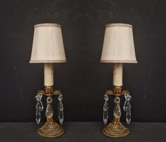 Unique Pair Petite Italian Solid Brass Rope Design Crystal Table Lamps Lights