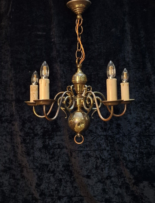 Traditional Heavy Antique French 5 Arm Flemish Brass Chandelier Ceiling Light
