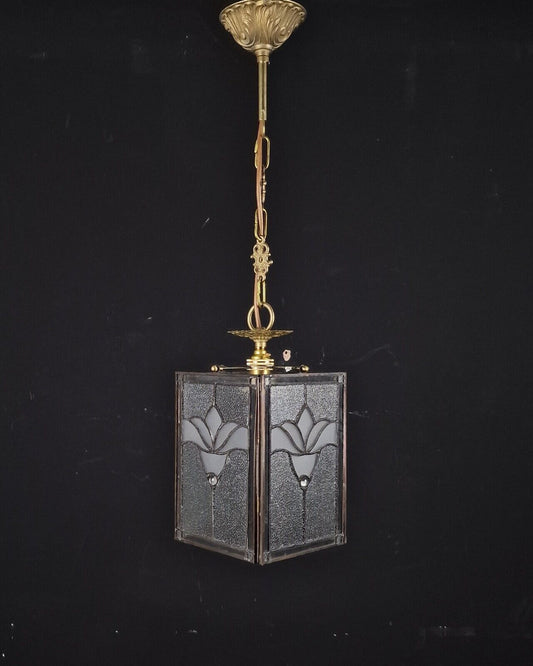 Classical Vintage Brass Lead Glass 4 Panel Art Nouveau Style Lantern Light