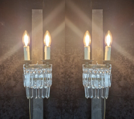 Classical Pair Antique French 2 Arm Crystal Waterfall Brass Wall Lights Sconces