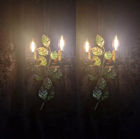 Gorgeous Pair of Vintage Italian 2 Arm Toleware Floral Wall Lights Sconces