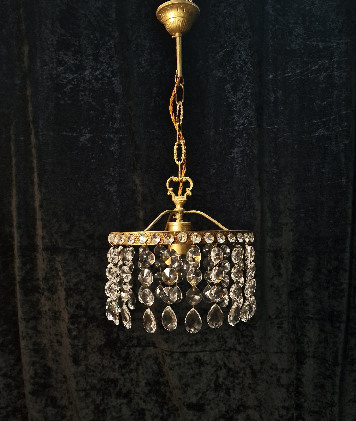 Lovely Vintage French 1 Light Brass Waterfall Crystal Circular Chandelier Light