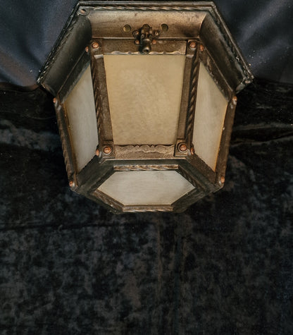 Traditional Heavy 1 Light Antique Wrought Iron Glass Flush Porch Light Lantern