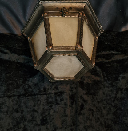 Traditional Heavy 1 Light Antique Wrought Iron Glass Flush Porch Light Lantern