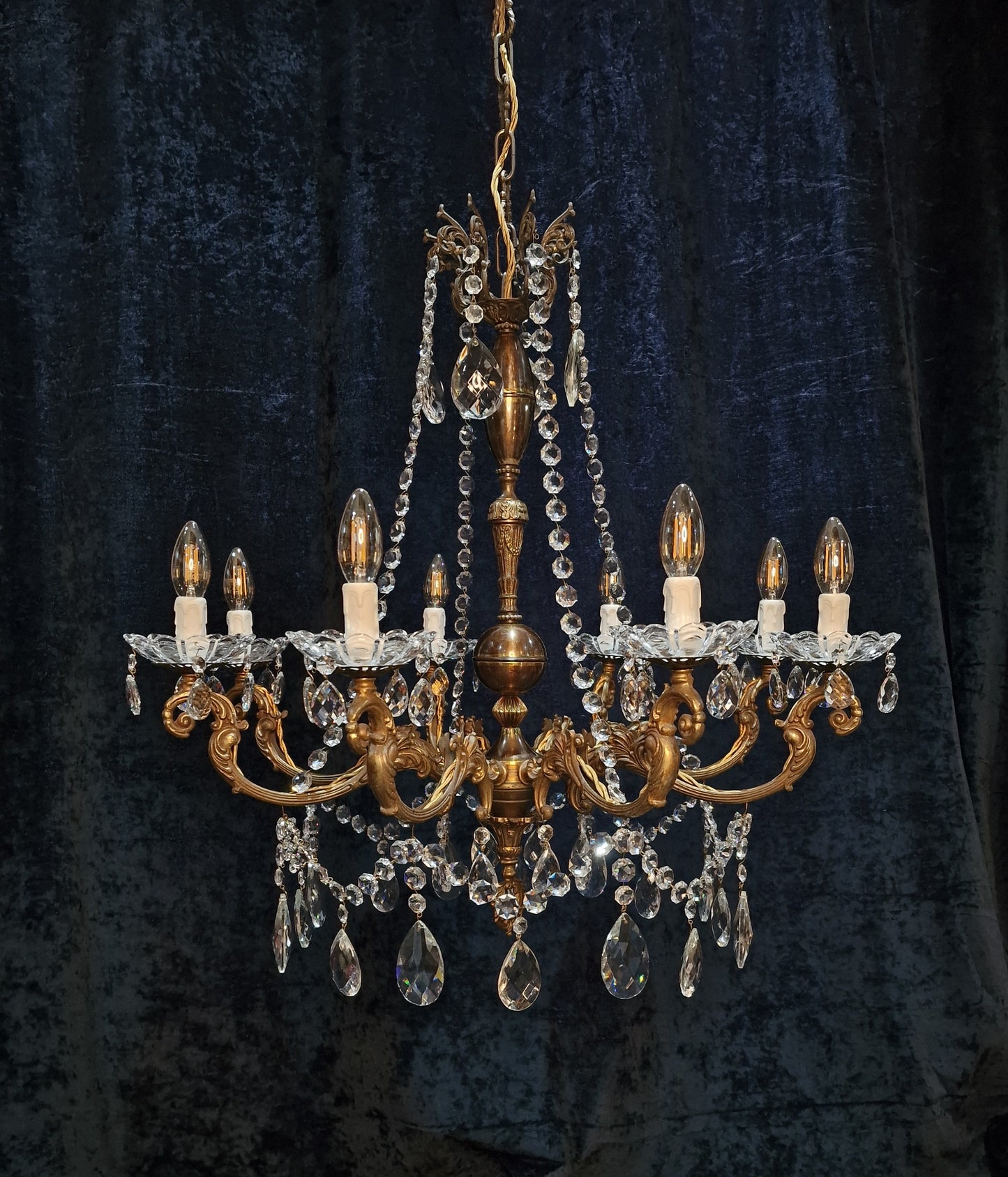 Beautiful Large Heavy Antique French 8 Arm Brass Crystal Chandelier Light