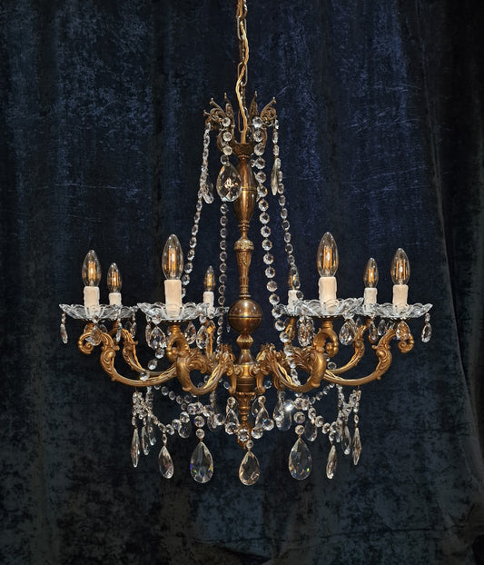 Beautiful Large Heavy Antique French 8 Arm Brass Crystal Chandelier Light