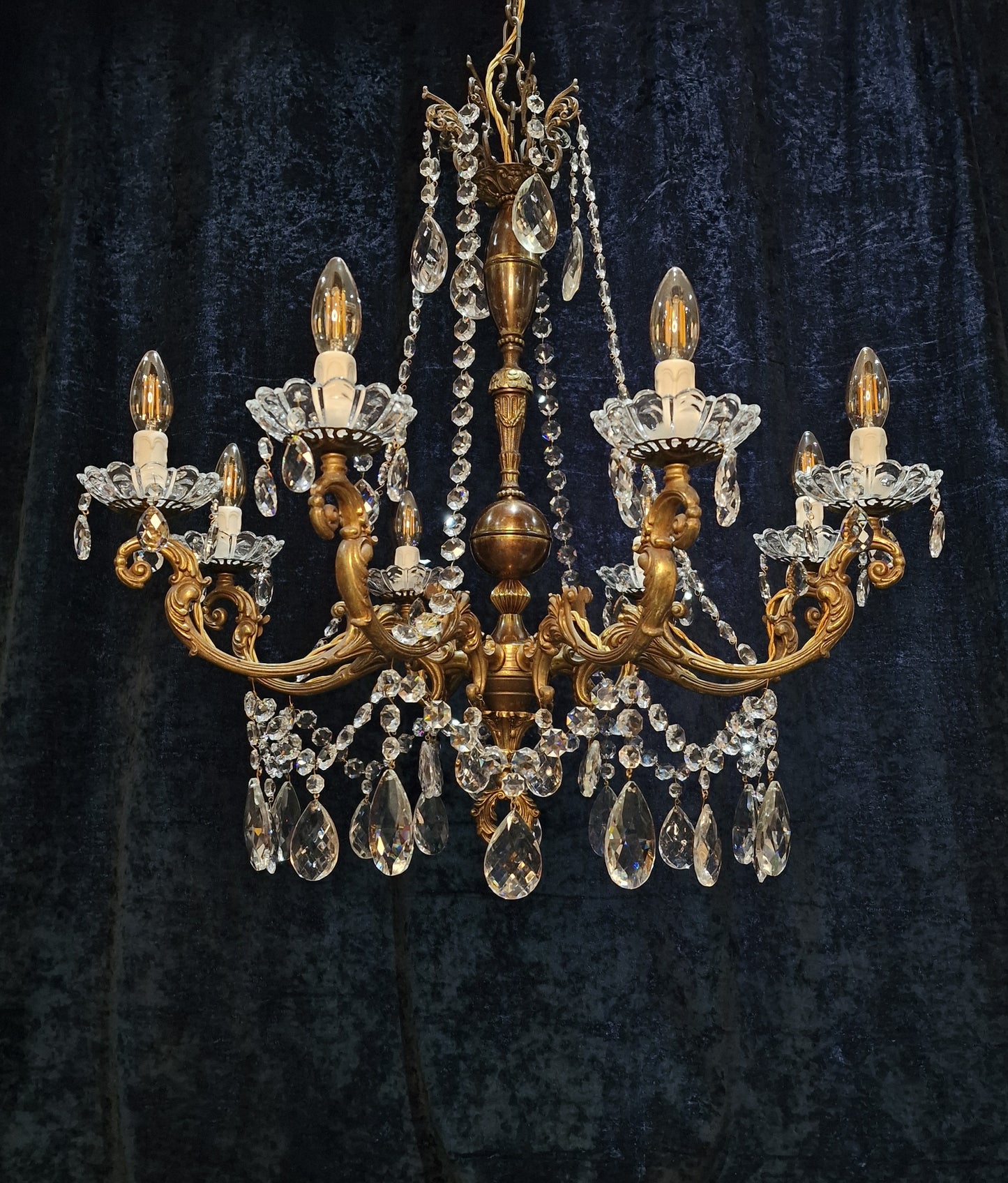 Beautiful Large Heavy Antique French 8 Arm Brass Crystal Chandelier Light