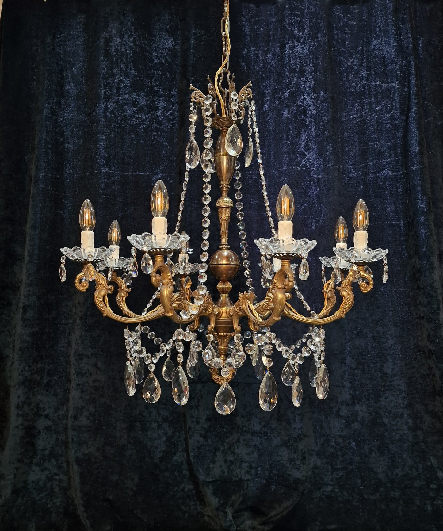 Beautiful Large Heavy Antique French 8 Arm Brass Crystal Chandelier Light