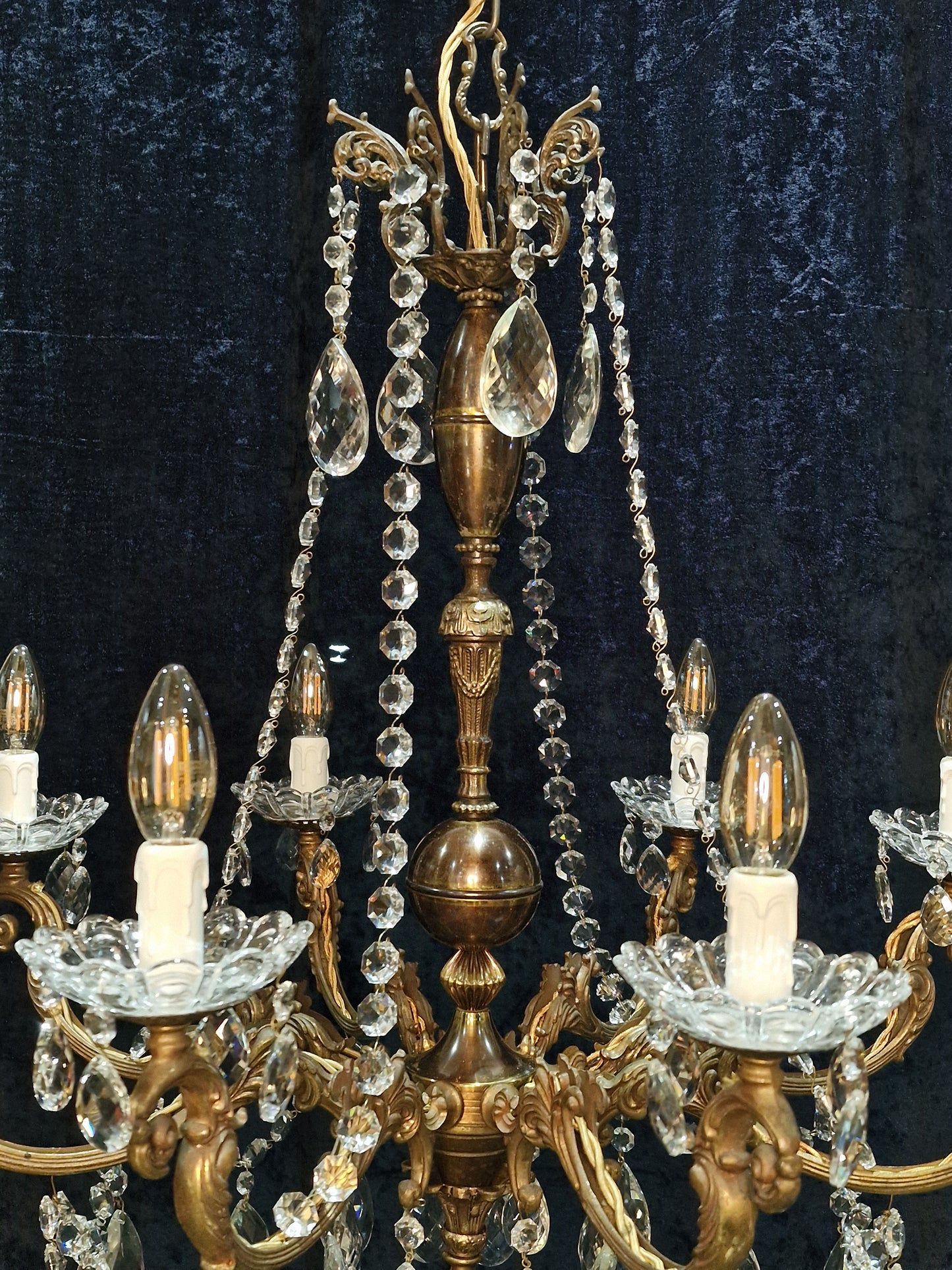 Beautiful Large Heavy Antique French 8 Arm Brass Crystal Chandelier Light