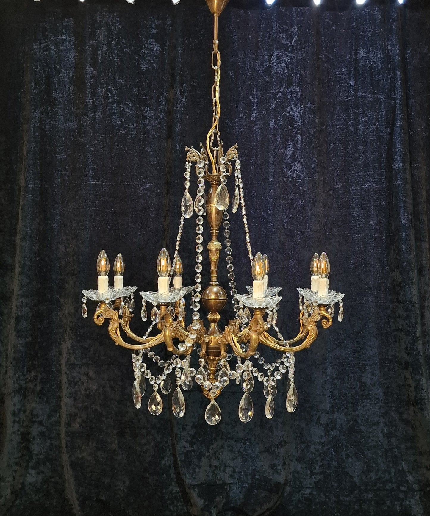 Beautiful Large Heavy Antique French 8 Arm Brass Crystal Chandelier Light