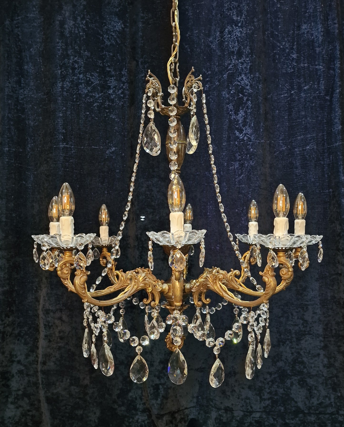 Beautiful Large Heavy Antique French 8 Arm Brass Crystal Chandelier Light