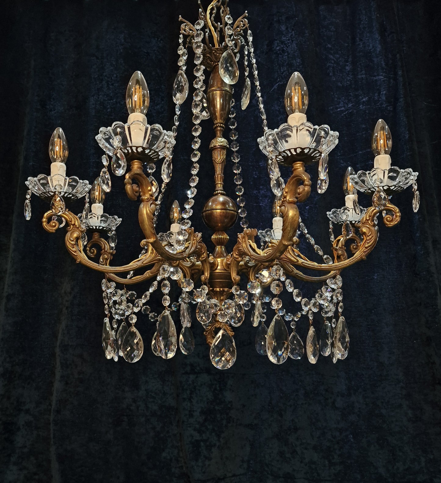 Beautiful Large Heavy Antique French 8 Arm Brass Crystal Chandelier Light