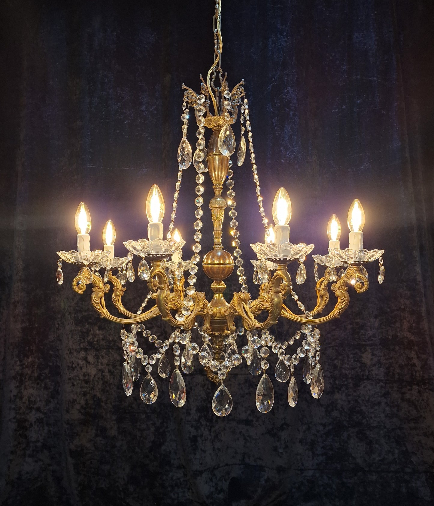 Beautiful Large Heavy Antique French 8 Arm Brass Crystal Chandelier Light