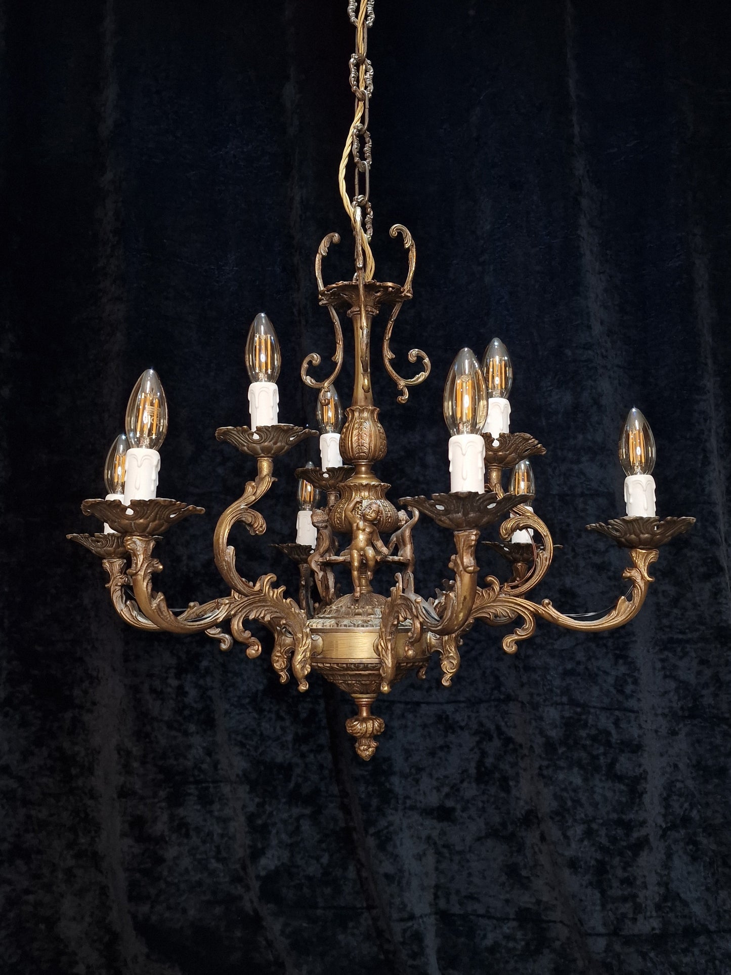 Fabulous Vintage French Heavy Large 6 Arm 9 Light Brass Cherub Chandelier Light