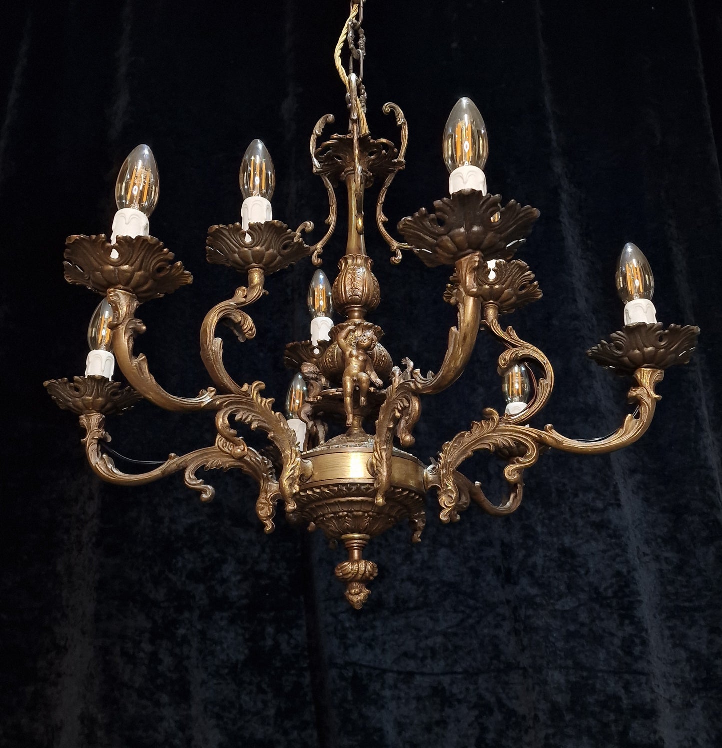 Fabulous Vintage French Heavy Large 6 Arm 9 Light Brass Cherub Chandelier Light