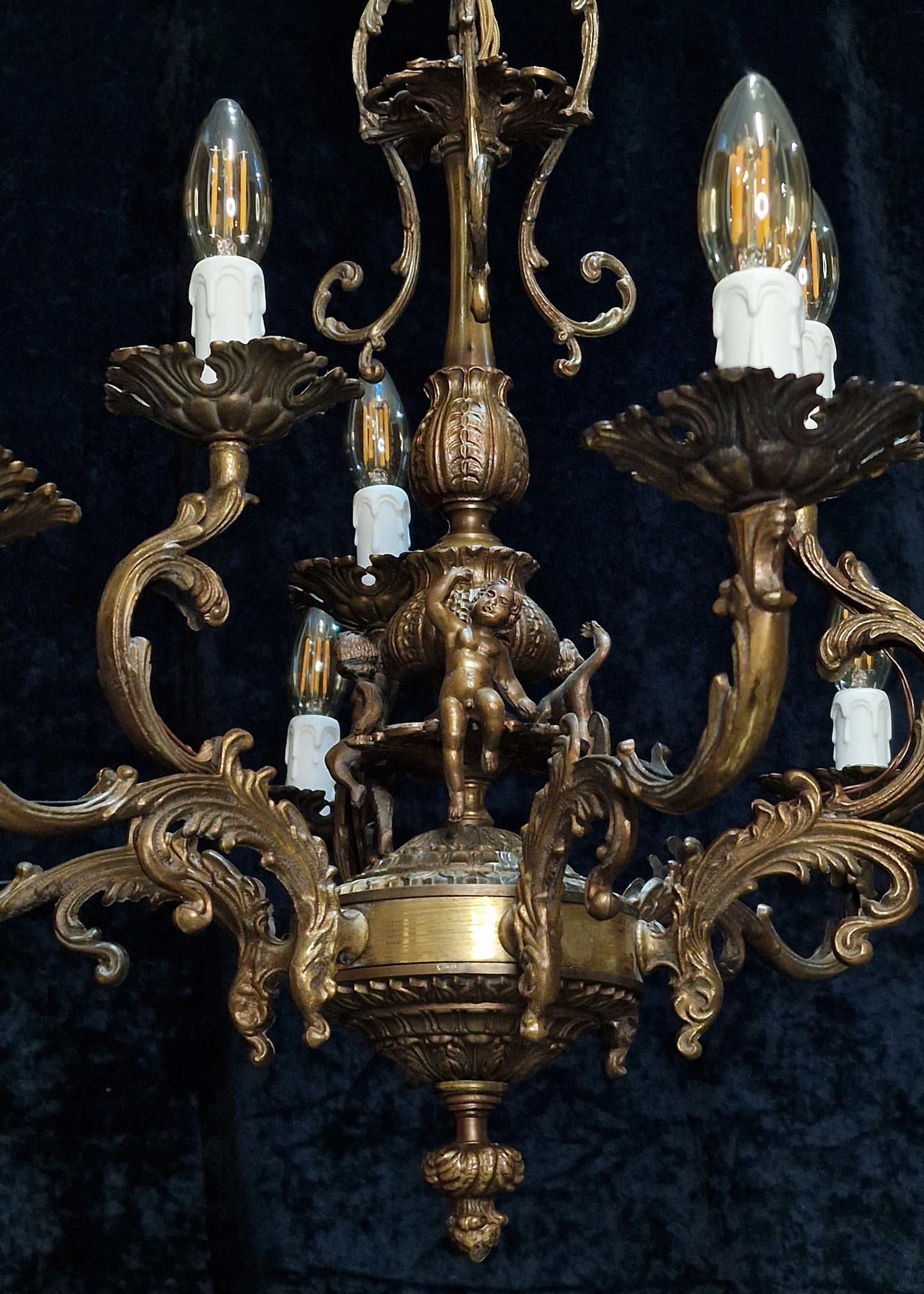 Fabulous Vintage French Heavy Large 6 Arm 9 Light Brass Cherub Chandelier Light