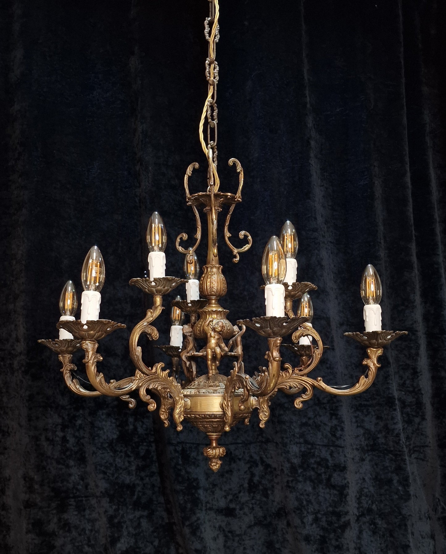 Fabulous Vintage French Heavy Large 6 Arm 9 Light Brass Cherub Chandelier Light