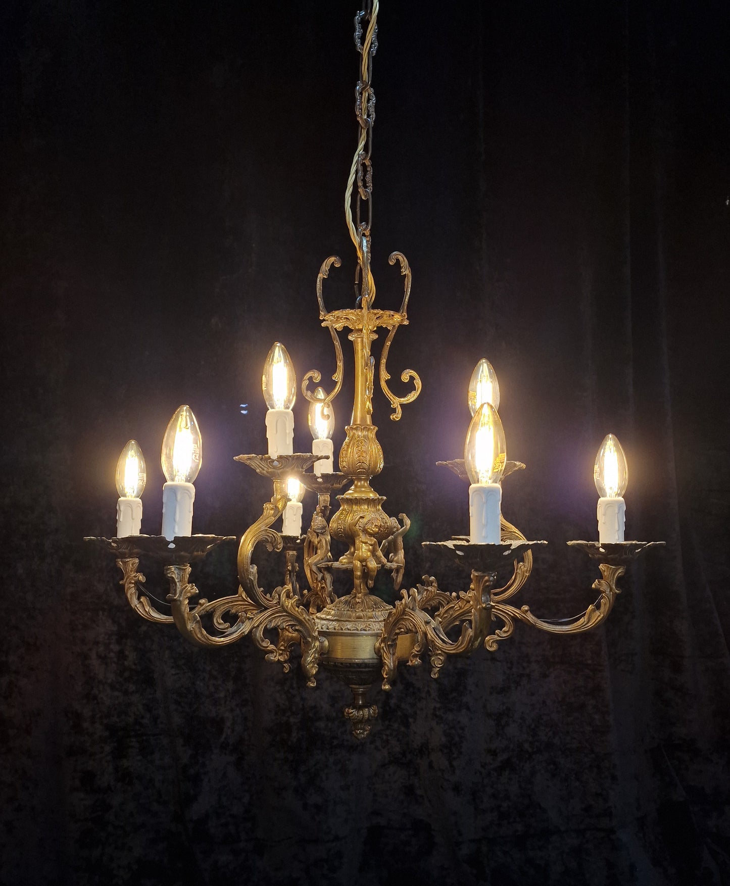 Fabulous Vintage French Heavy Large 6 Arm 9 Light Brass Cherub Chandelier Light