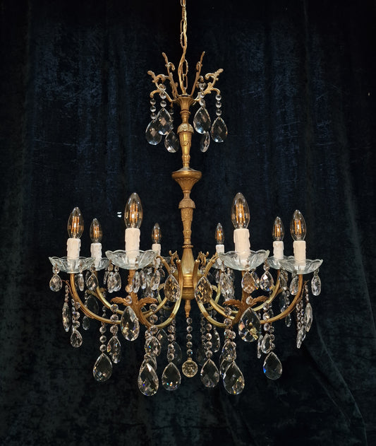 Elegant Large Vintage French 8 Arm Crystal Leaf Brass Chandelier Ceiling Light