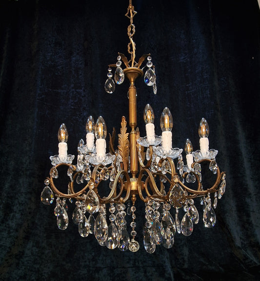 Stunning Vintage Italian 8 Arm 12 Light Brass Leaf Crystal Chandelier Light