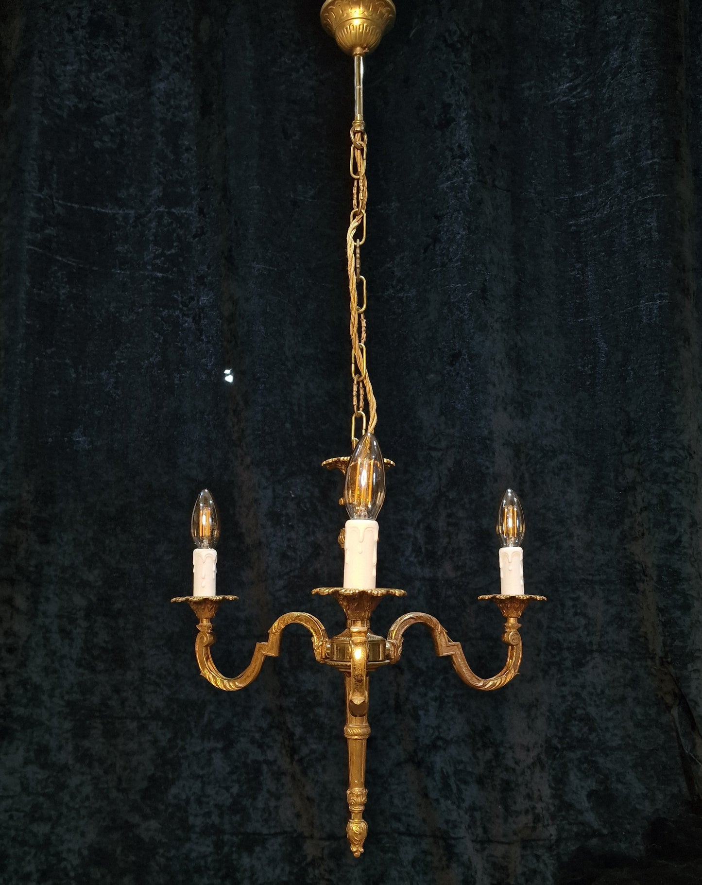 Traditional Vintage French Empire Style 3 Arm Torchiere Brass Chandelier Light